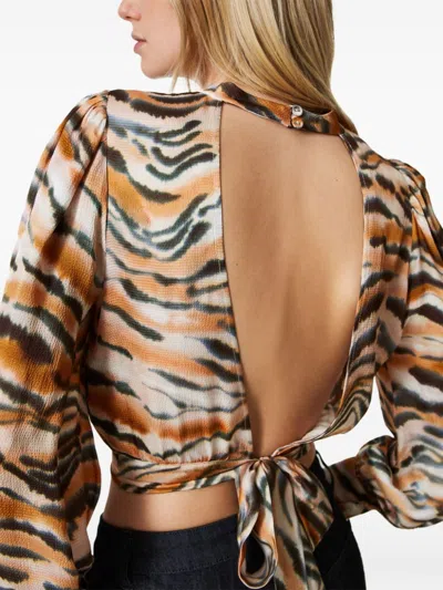 Twinset Tiger-print Cropped Blouse In 褐色