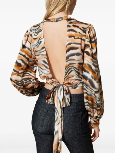 Twinset Tiger-print Cropped Blouse In 褐色
