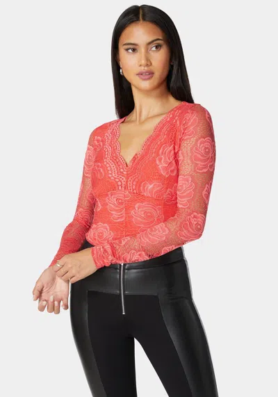 Bebe Scallop Edge Long Sleeve Lace Bodysuit In Cayenne