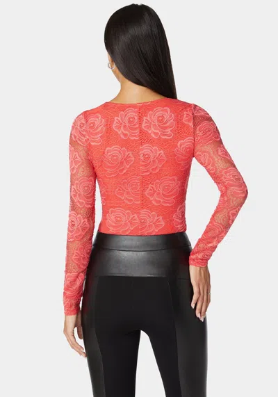 Bebe Scallop Edge Long Sleeve Lace Bodysuit In Cayenne