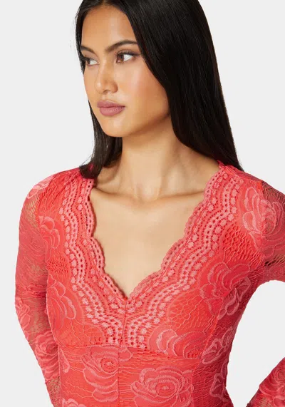 Bebe Scallop Edge Long Sleeve Lace Bodysuit In Cayenne