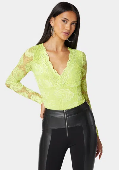 Bebe Scallop Edge Long Sleeve Lace Bodysuit In Cyber Lime