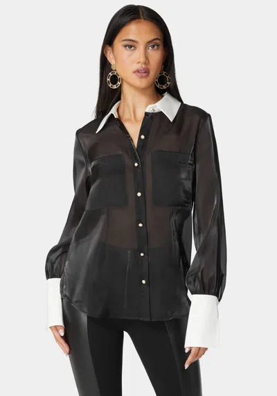 Bebe Liquid Chiffon Satin Combo Blouse In Black,white Alyssum