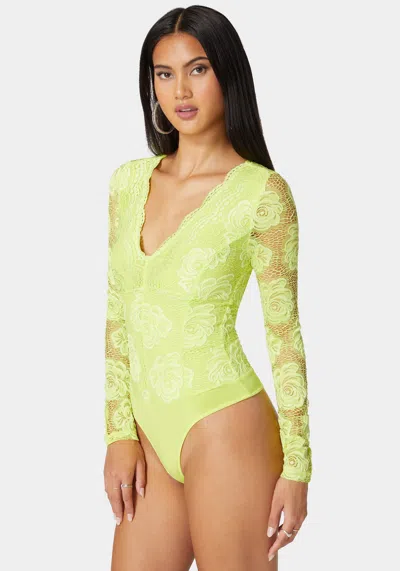 Bebe Scallop Edge Long Sleeve Lace Bodysuit In Cyber Lime