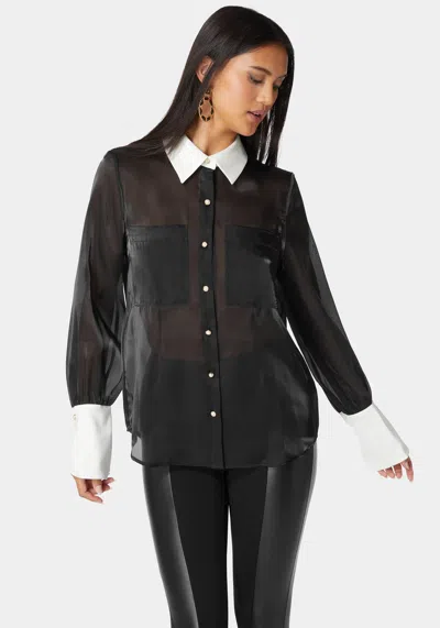 Bebe Liquid Chiffon Satin Combo Blouse In Black,white Alyssum