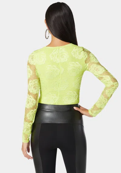Bebe Scallop Edge Long Sleeve Lace Bodysuit In Cyber Lime
