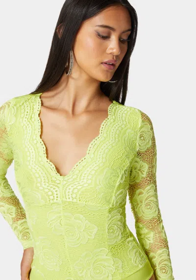 Bebe Scallop Edge Long Sleeve Lace Bodysuit In Cyber Lime