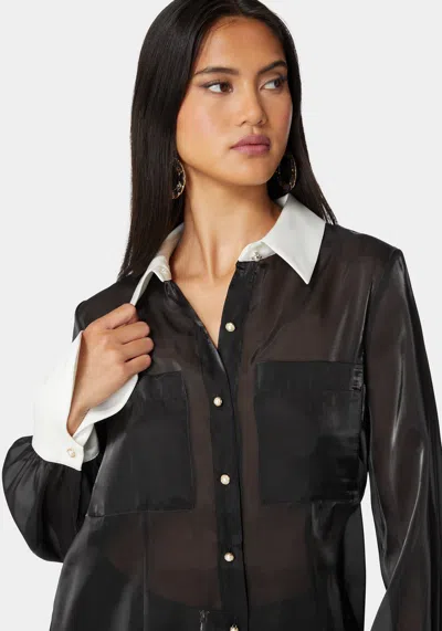 Bebe Liquid Chiffon Satin Combo Blouse In Black,white Alyssum