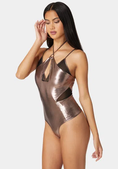 Bebe Metallic Foil Halter Neck Mesh Combo Bodysuit In Astro Dust