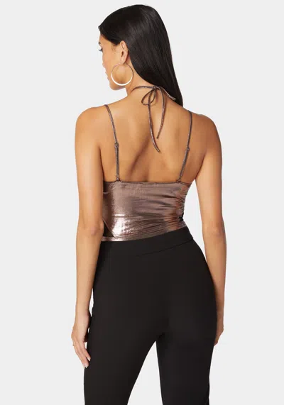 Bebe Metallic Foil Halter Neck Mesh Combo Bodysuit In Astro Dust