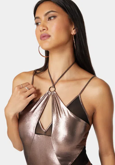 Bebe Metallic Foil Halter Neck Mesh Combo Bodysuit In Astro Dust