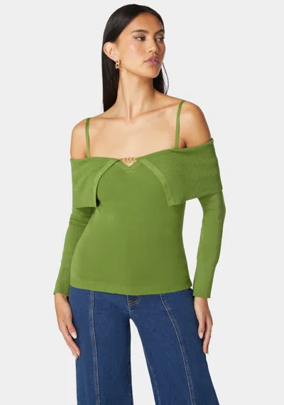 Bebe Off Shoulder Fold Over Chain Detail Sweater In Spinach Green
