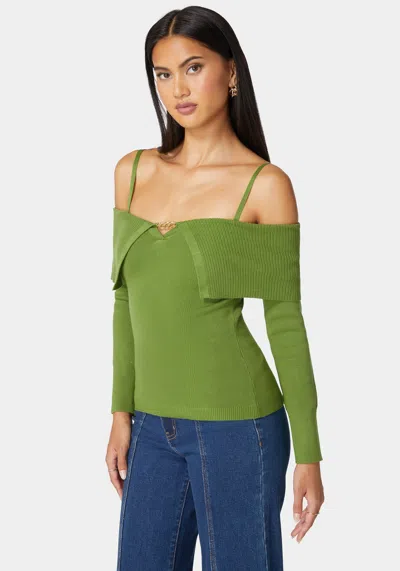 Bebe Off Shoulder Fold Over Chain Detail Sweater In Spinach Green