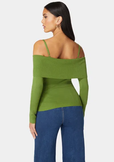 Bebe Off Shoulder Fold Over Chain Detail Sweater In Spinach Green