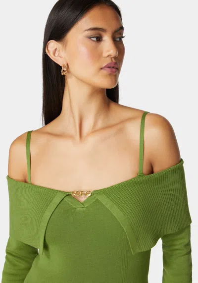 Bebe Off Shoulder Fold Over Chain Detail Sweater In Spinach Green