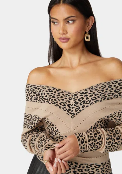 Bebe V Neck Dolman Sleeve Jacquard Knit Sweater In Camel,black