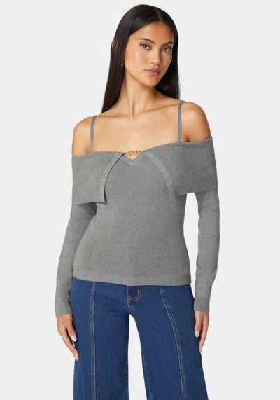 Bebe Off Shoulder Fold Over Chain Detail Sweater In Heather Grey