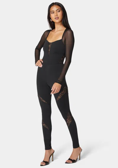 Bebe Mesh Sleeve Lace Insert Catsuit In Black