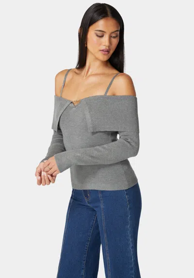 Bebe Off Shoulder Fold Over Chain Detail Sweater In Heather Grey