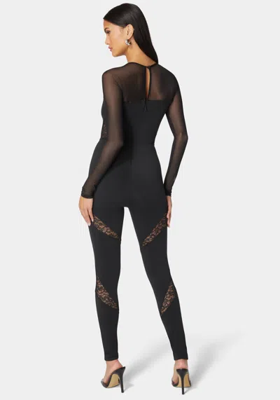 Bebe Mesh Sleeve Lace Insert Catsuit In Black