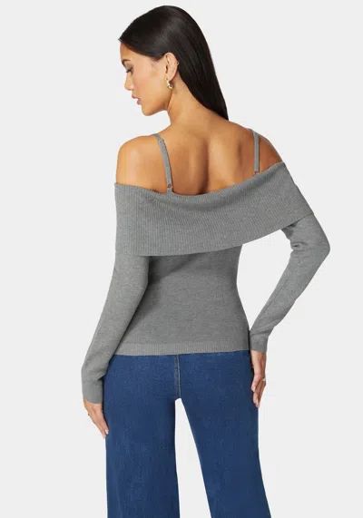 Bebe Off Shoulder Fold Over Chain Detail Sweater In Heather Grey