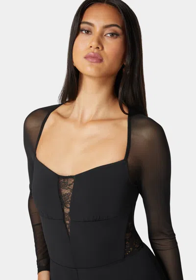 Bebe Mesh Sleeve Lace Insert Catsuit In Black