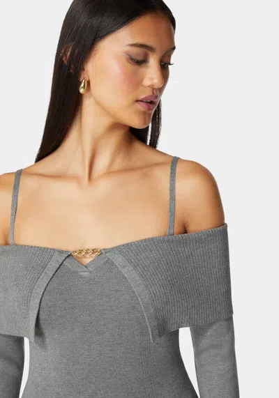 Bebe Off Shoulder Fold Over Chain Detail Sweater In Heather Grey