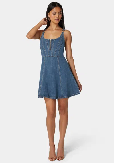 Bebe Trim Detail Fit & Flare Denim Dress In True Blue Wash