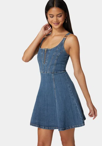Shop Bebe Trim Detail Fit & Flare Denim Dress In True Blue Wash