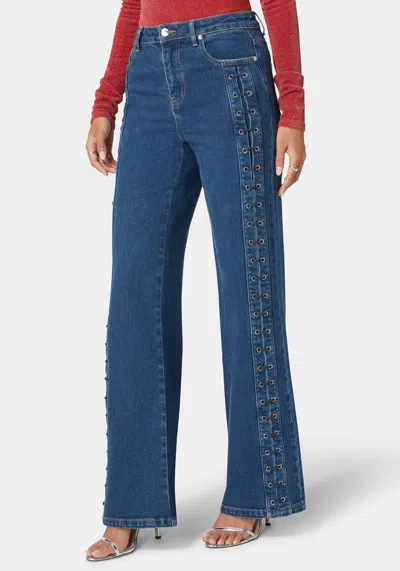 Bebe High Waist Eyelet Lace Up Wide Leg Jean In True Blue Wash
