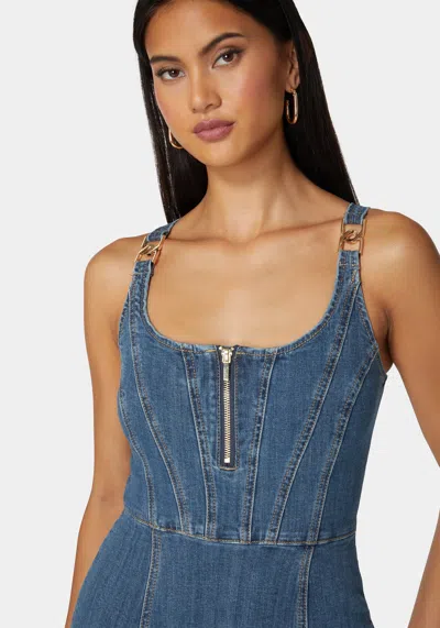 Bebe Trim Detail Fit & Flare Denim Dress In True Blue Wash