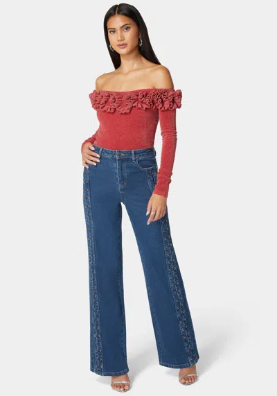 Bebe High Waist Eyelet Lace Up Wide Leg Jean In True Blue Wash