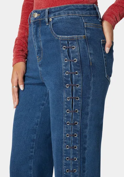 Bebe High Waist Eyelet Lace Up Wide Leg Jean In True Blue Wash