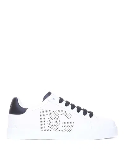 Dolce & Gabbana White And Black Leather Sneakers In White