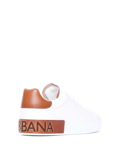 Dolce & Gabbana White Calf Leather Portofino Sneakers In Red