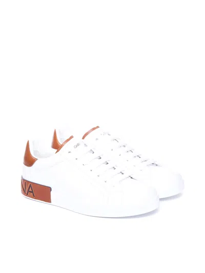 Dolce & Gabbana White Calf Leather Portofino Sneakers In Red