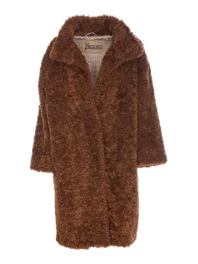 Herno Curly Faux Fur Coat In Marrón