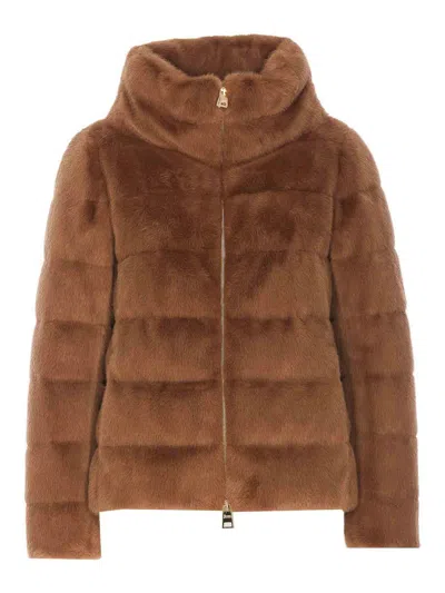Herno Down Cape Style Jacket With Fur Effect In Marrón