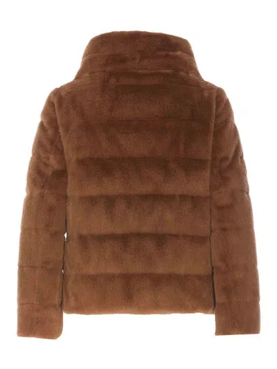 Herno Down Cape Style Jacket With Fur Effect In Marrón