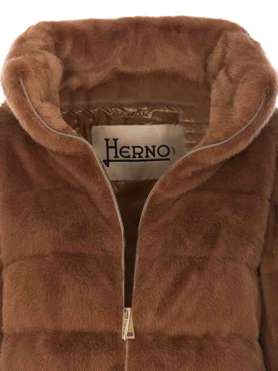 Herno Down Cape Style Jacket With Fur Effect In Marrón