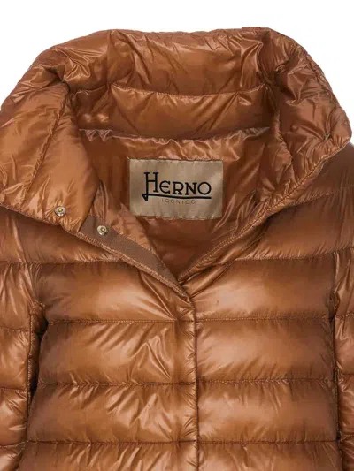 Herno Quilted High Neck Longline Jacket In Brown