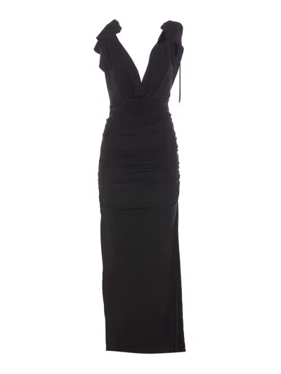 Attico Long Dress Bow Detail In Negro