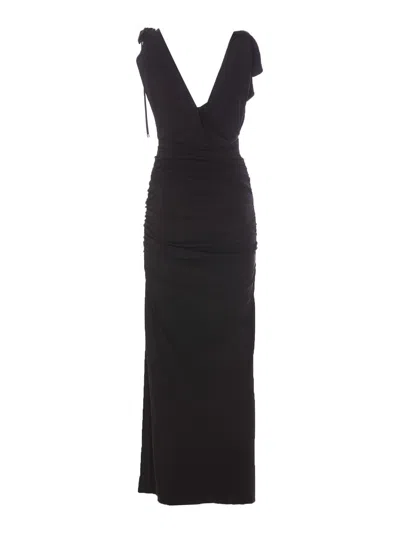 Attico Long Dress Bow Detail In Negro