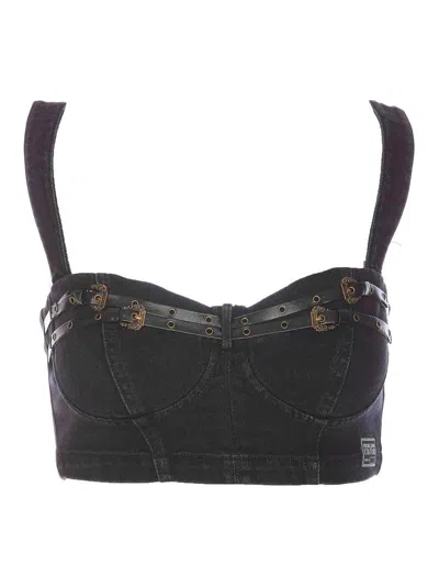 Versace Jeans Couture Baroque Buckle Denim Top With Heart Neck In Negro