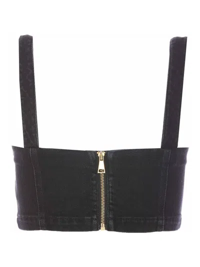 Versace Jeans Couture Baroque Buckle Denim Top With Heart Neck In Negro