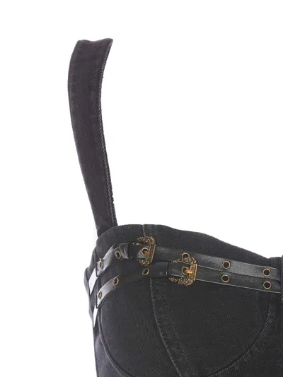 Versace Jeans Couture Baroque Buckle Denim Top With Heart Neck In Negro
