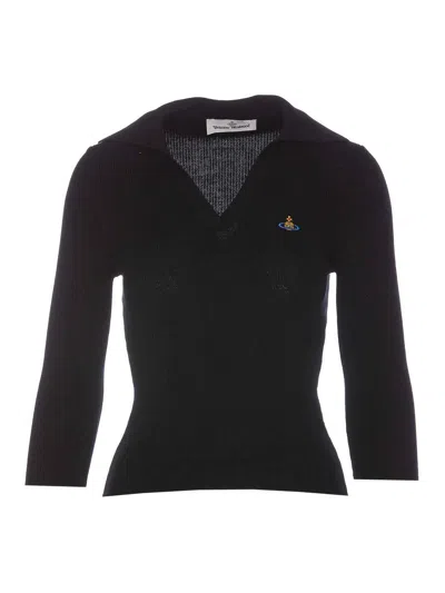 Vivienne Westwood Ribbed Texture V-neck Polo With Long Sleeves In Negro
