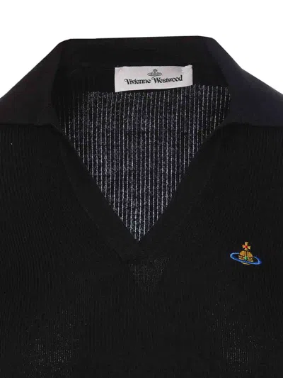 Vivienne Westwood Ribbed Texture V-neck Polo With Long Sleeves In Negro