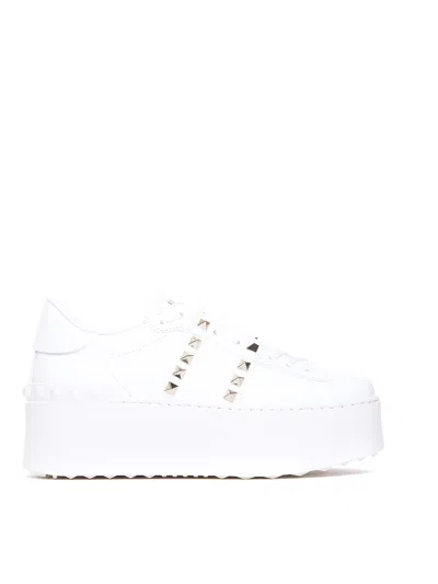 Valentino Garavani Flatform Rockstud Untitled Trainer In Calfskin And Wool Woman White 39 In Blanco