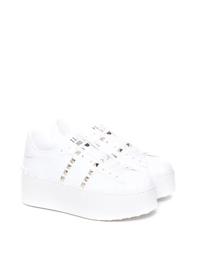 Valentino Garavani Flatform Rockstud Untitled Trainer In Calfskin And Wool Woman White 39 In Blanco